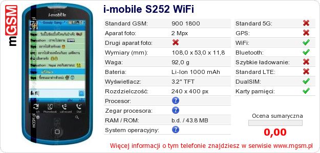 Dane telefonu i-mobile S252 WiFi Dane telefonu i-mobile S252 WiFi