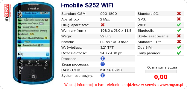 Dane telefonu i-mobile S252 WiFi