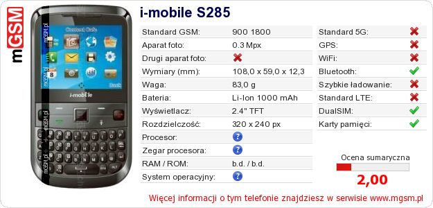 Dane telefonu i-mobile S285 Dane telefonu i-mobile S285