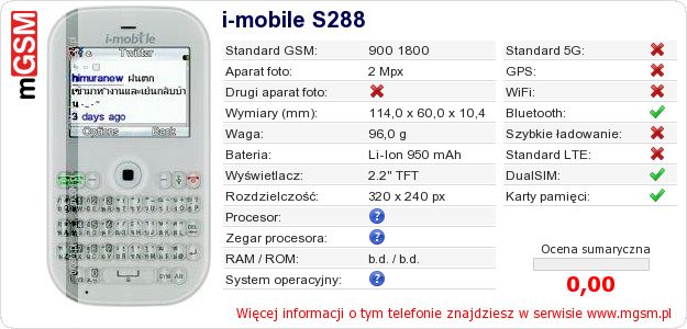 Dane telefonu i-mobile S288 Dane telefonu i-mobile S288