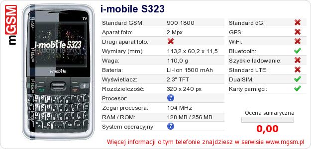 Dane telefonu i-mobile S323