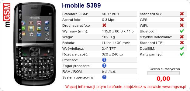 Dane telefonu i-mobile S389 Dane telefonu i-mobile S389