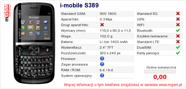 Dane telefonu i-mobile S389