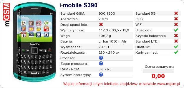 Dane telefonu i-mobile S390 Dane telefonu i-mobile S390