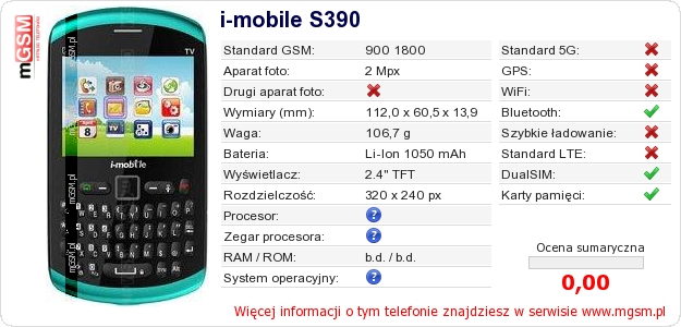 Dane telefonu i-mobile S390