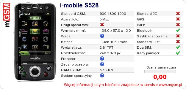 Dane telefonu i-mobile S528 Dane telefonu i-mobile S528