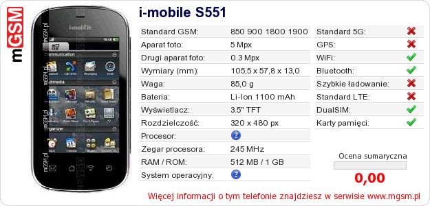 Dane telefonu i-mobile S551 Dane telefonu i-mobile S551