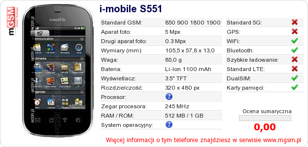 Dane telefonu i-mobile S551