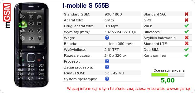 Dane telefonu i-mobile S 555B