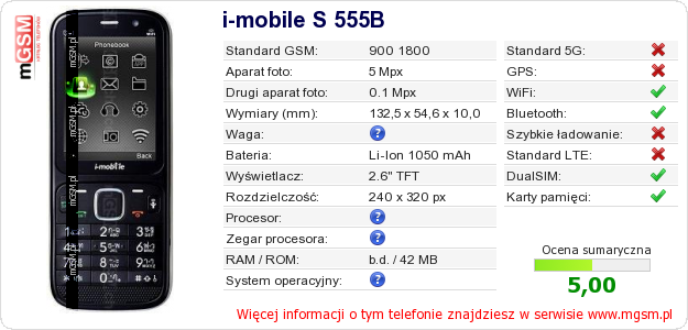 Dane telefonu i-mobile S 555B