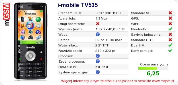Dane telefonu i-mobile TV535