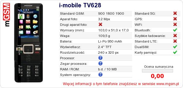 Dane telefonu i-mobile TV628