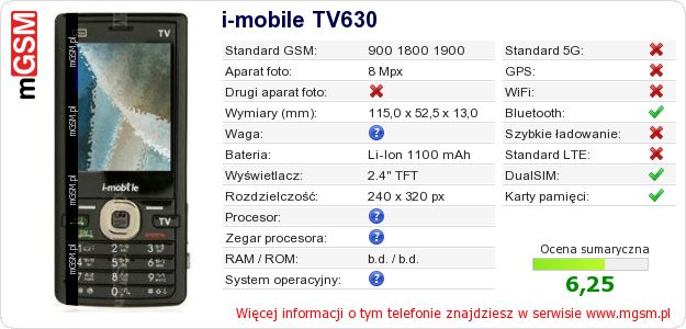 Dane telefonu i-mobile TV630