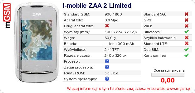 Dane telefonu i-mobile ZAA 2 Limited Dane telefonu i-mobile ZAA 2 Limited