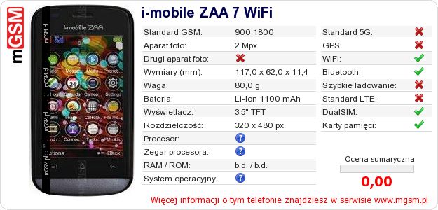 Dane telefonu i-mobile ZAA 7 WiFi