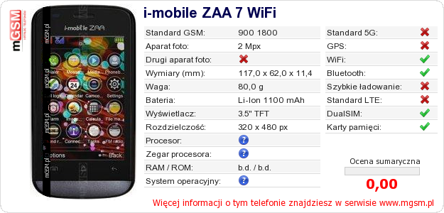Dane telefonu i-mobile ZAA 7 WiFi