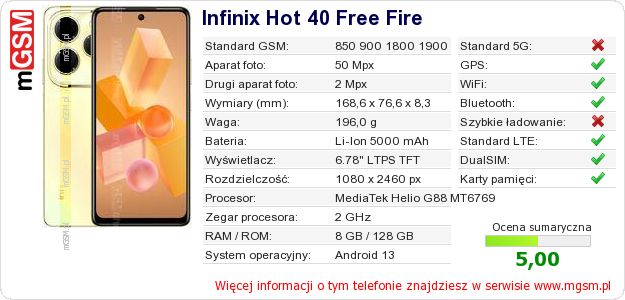 Dane telefonu Infinix Hot 40 Free Fire Dane telefonu Infinix Hot 40 Free Fire