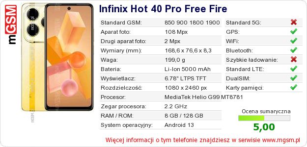 Dane telefonu Infinix Hot 40 Pro Free Fire