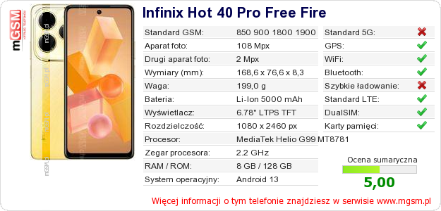 Dane telefonu Infinix Hot 40 Pro Free Fire Dane telefonu Infinix Hot 40 Pro Free Fire