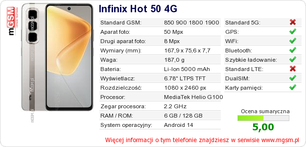 Dane telefonu Infinix Hot 50 4G