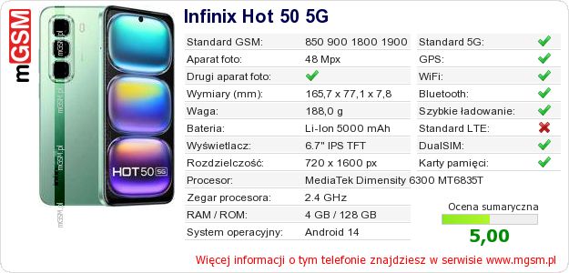 Dane telefonu Infinix Hot 50 5G Dane telefonu Infinix Hot 50 5G