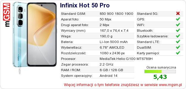 Dane telefonu Infinix Hot 50 Pro Dane telefonu Infinix Hot 50 Pro