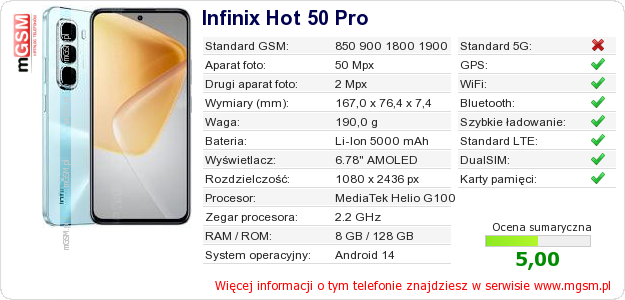 Dane telefonu Infinix Hot 50 Pro Dane telefonu Infinix Hot 50 Pro