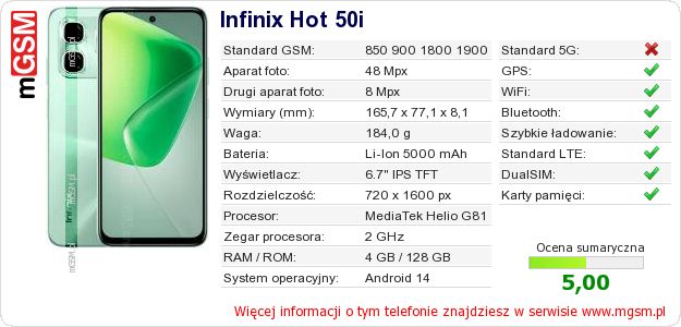 Dane telefonu Infinix Hot 50i