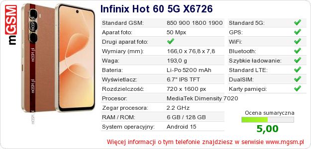 Dane telefonu Infinix Hot 60 5G X6726