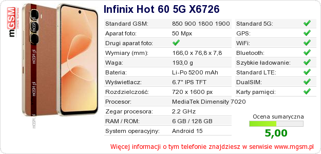Dane telefonu Infinix Hot 60 5G X6726