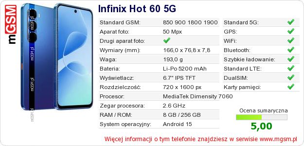 Dane telefonu Infinix Hot 60 5G Dane telefonu Infinix Hot 60 5G