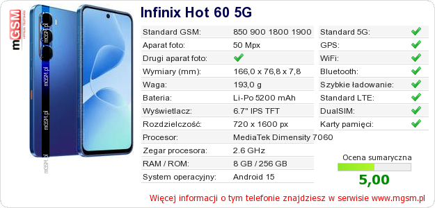 Dane telefonu Infinix Hot 60 5G Dane telefonu Infinix Hot 60 5G