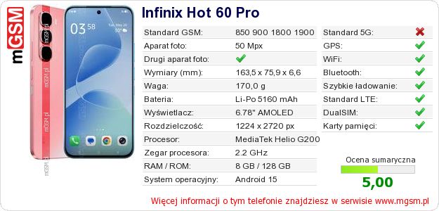 Dane telefonu Infinix Hot 60 Pro Dane telefonu Infinix Hot 60 Pro
