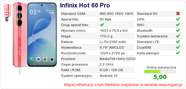 Dane telefonu Infinix Hot 60 Pro Dane telefonu Infinix Hot 60 Pro