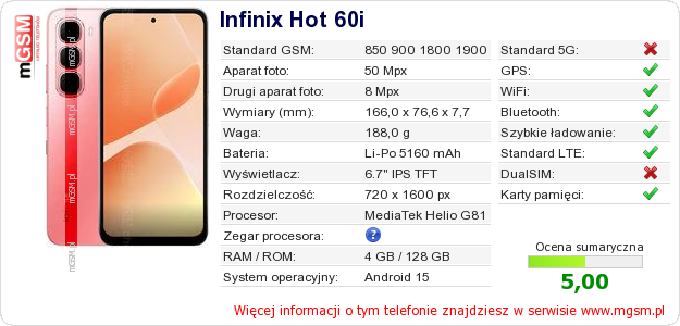 Dane telefonu Infinix Hot 60i