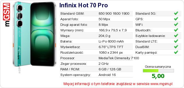 Dane telefonu Infinix Hot 70 Pro