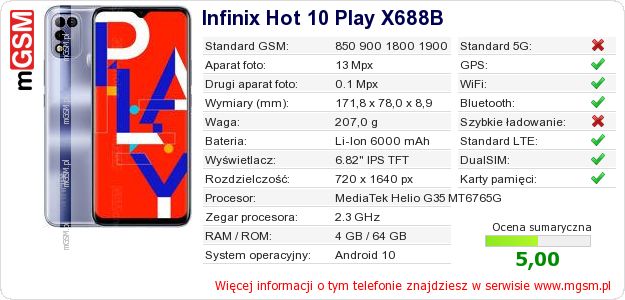 Dane telefonu Infinix Hot 10 Play X688B