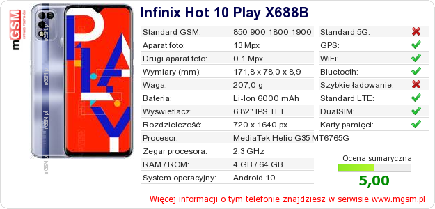 Dane telefonu Infinix Hot 10 Play X688B