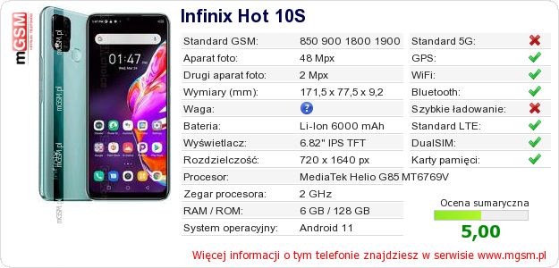 Dane telefonu Infinix Hot 10S Dane telefonu Infinix Hot 10S