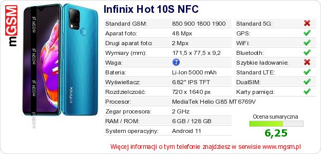 Dane telefonu Infinix Hot 10S NFC Dane telefonu Infinix Hot 10S NFC