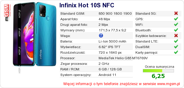 Dane telefonu Infinix Hot 10S NFC