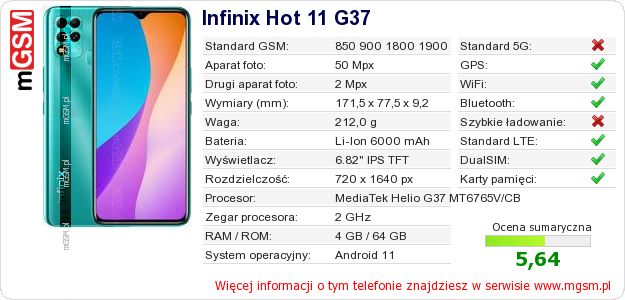 Dane telefonu Infinix Hot 11 G37 Dane telefonu Infinix Hot 11 G37