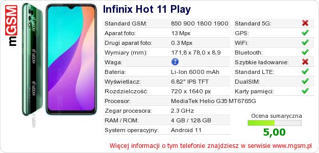 Dane telefonu Infinix Hot 11 Play Dane telefonu Infinix Hot 11 Play