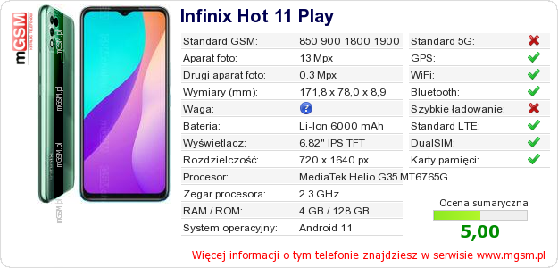 Dane telefonu Infinix Hot 11 Play