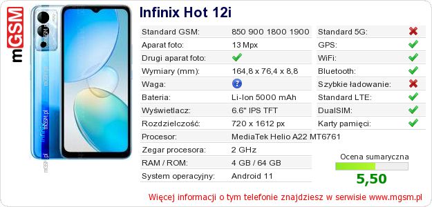 Dane telefonu Infinix Hot 12i
