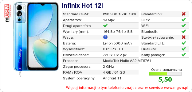 Dane telefonu Infinix Hot 12i