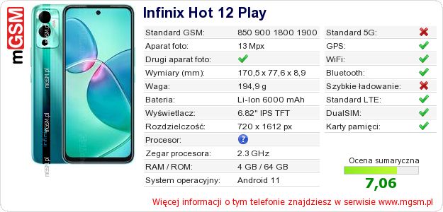 Dane telefonu Infinix Hot 12 Play Dane telefonu Infinix Hot 12 Play