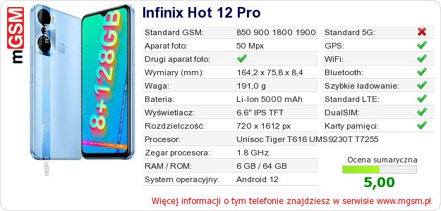 Dane telefonu Infinix Hot 12 Pro