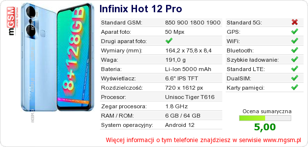 Dane telefonu Infinix Hot 12 Pro