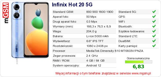 Dane telefonu Infinix Hot 20 5G